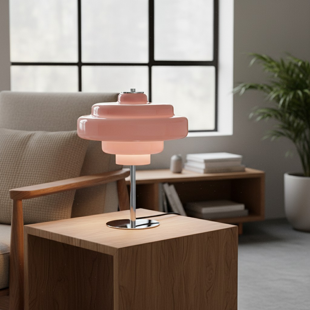 Roze Koloro tafellamp op een houten nachtkastje