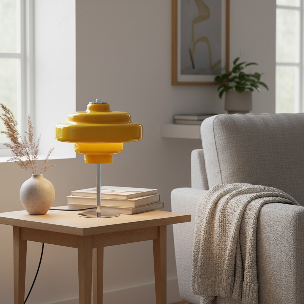 Gele Koloro tafellamp op een houten tafel in de woonkamer