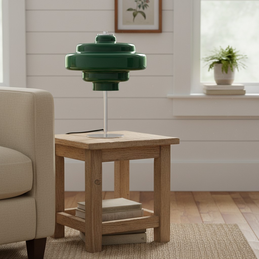 Groene Koloro tafellamp op een houten bijzettafel
