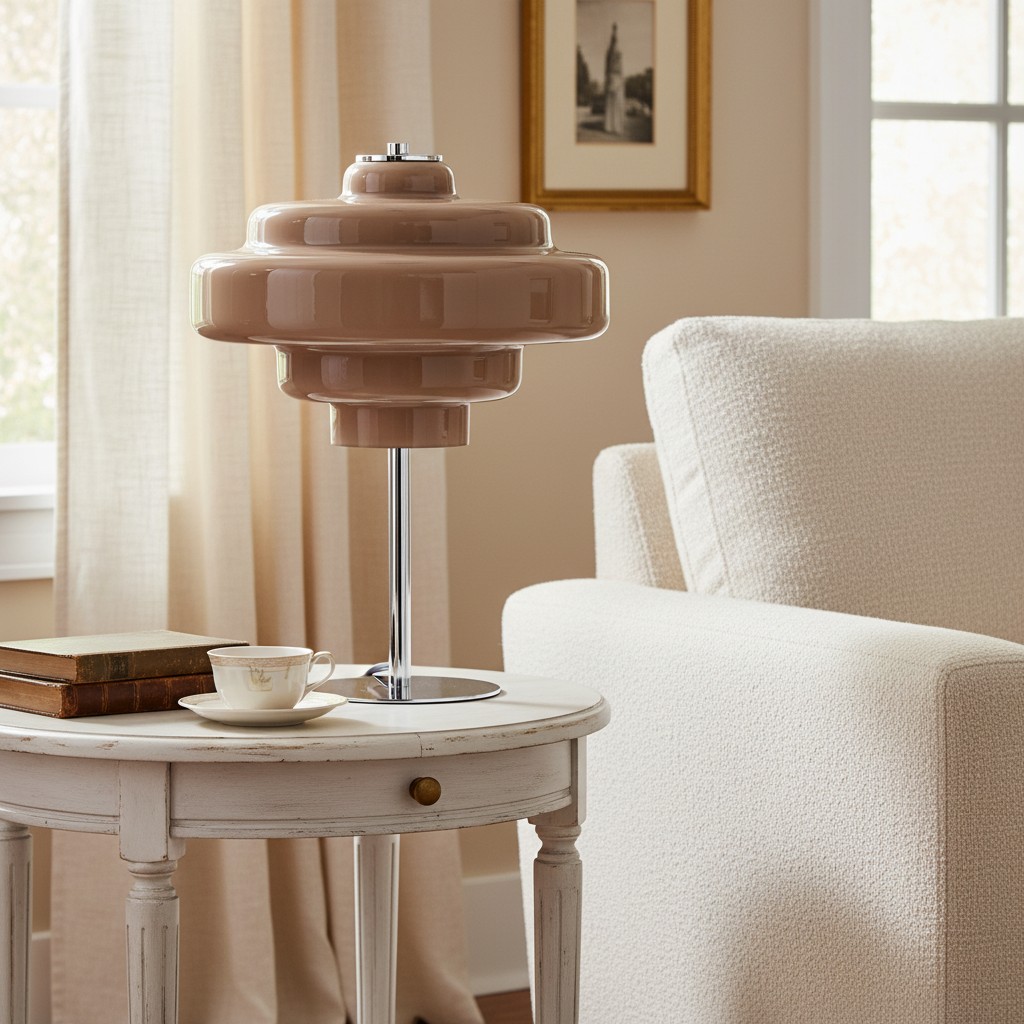 Koloro tafellamp in taupe op een ronde tafel