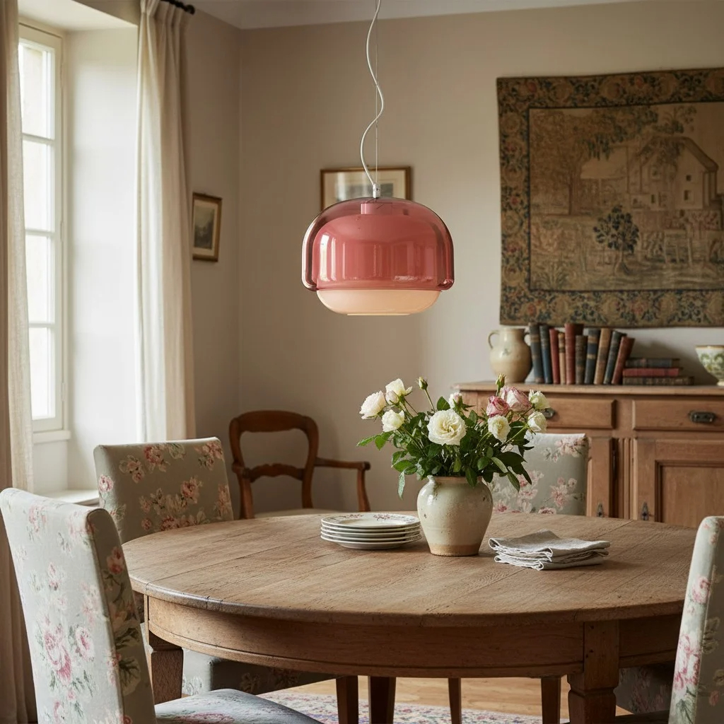 Roze Clinco hanglamp boven een ronde eettafel