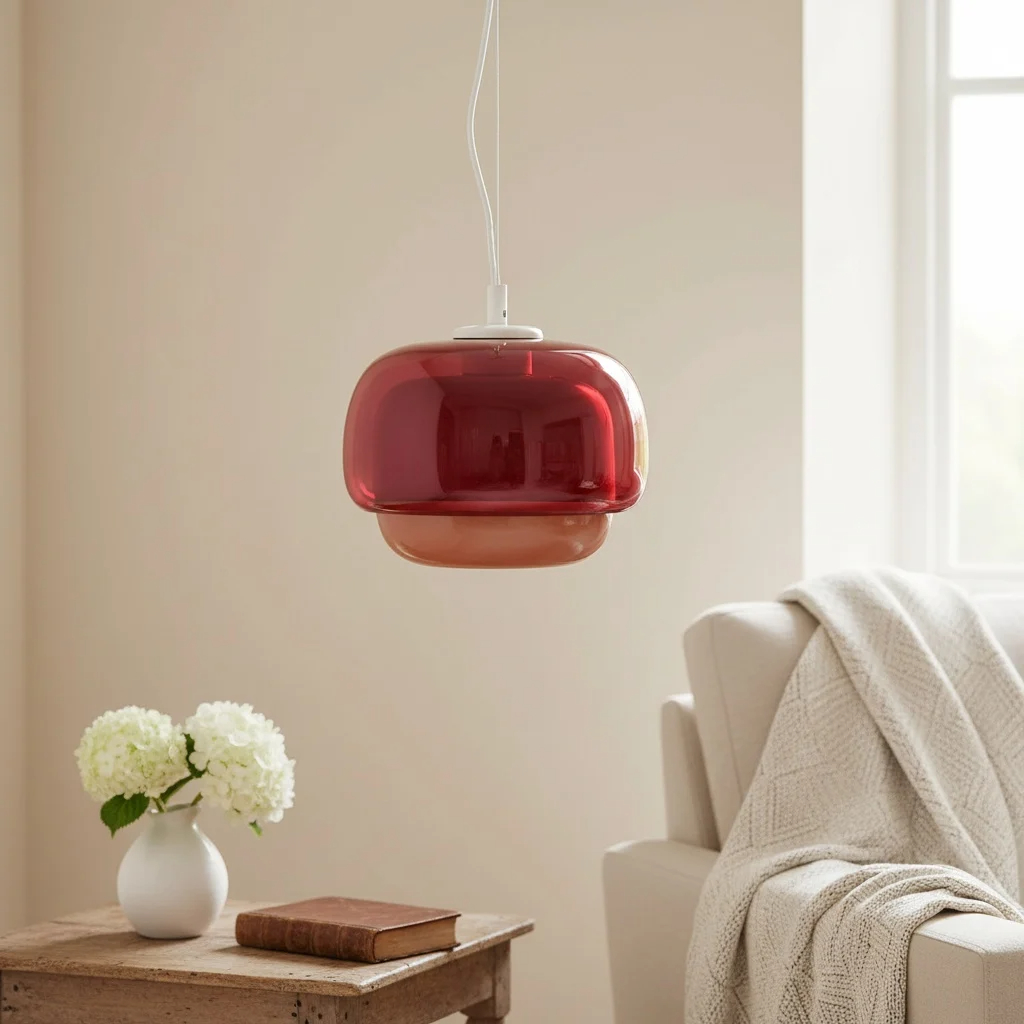 Rode Clinco glazen hanglamp in een lichte woonkamer