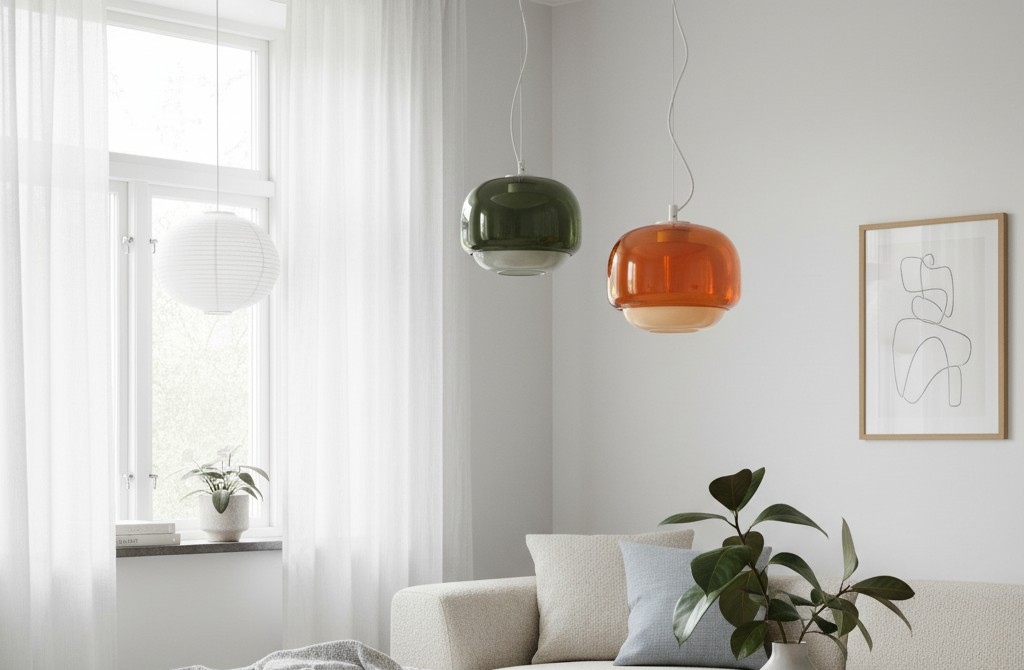 Clinco hanglampen in een lichte woonkamer