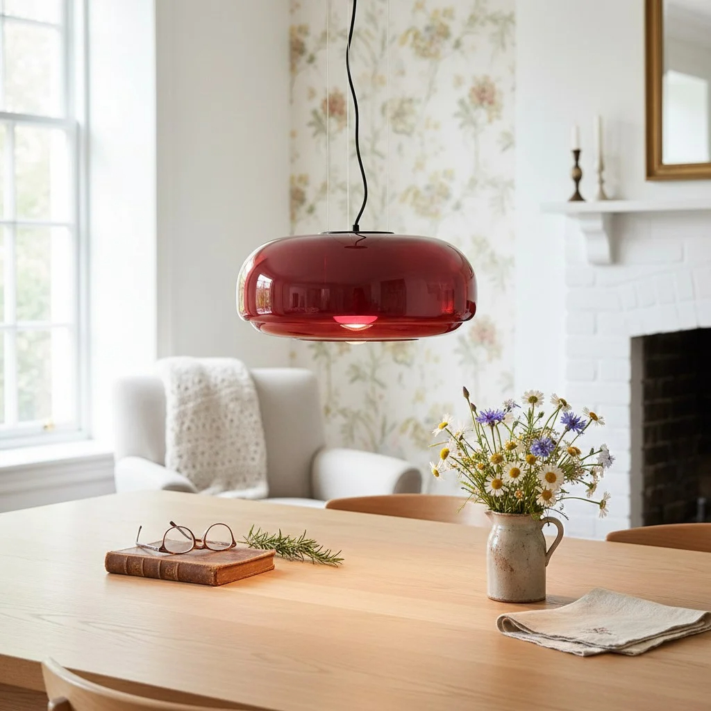 Rode Clinco hanglamp boven een houten tafel