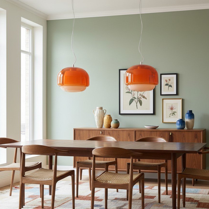 Clinco hanglampen boven een eettafel
