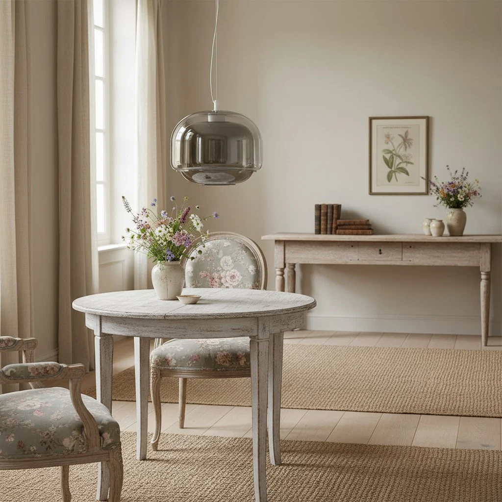 Rookgrijze Clinco hanglamp boven een kleine tafel