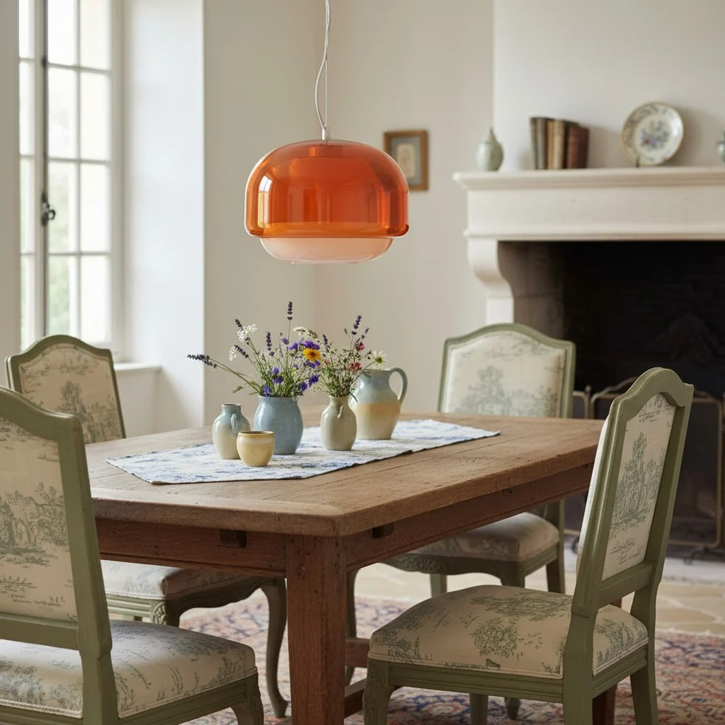 Oranje Clinco hanglamp in een eetkamer