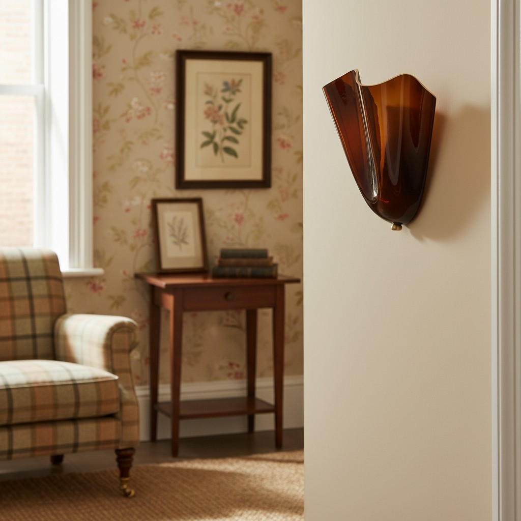 Amberkleurige Bellina wandlamp boven een plank