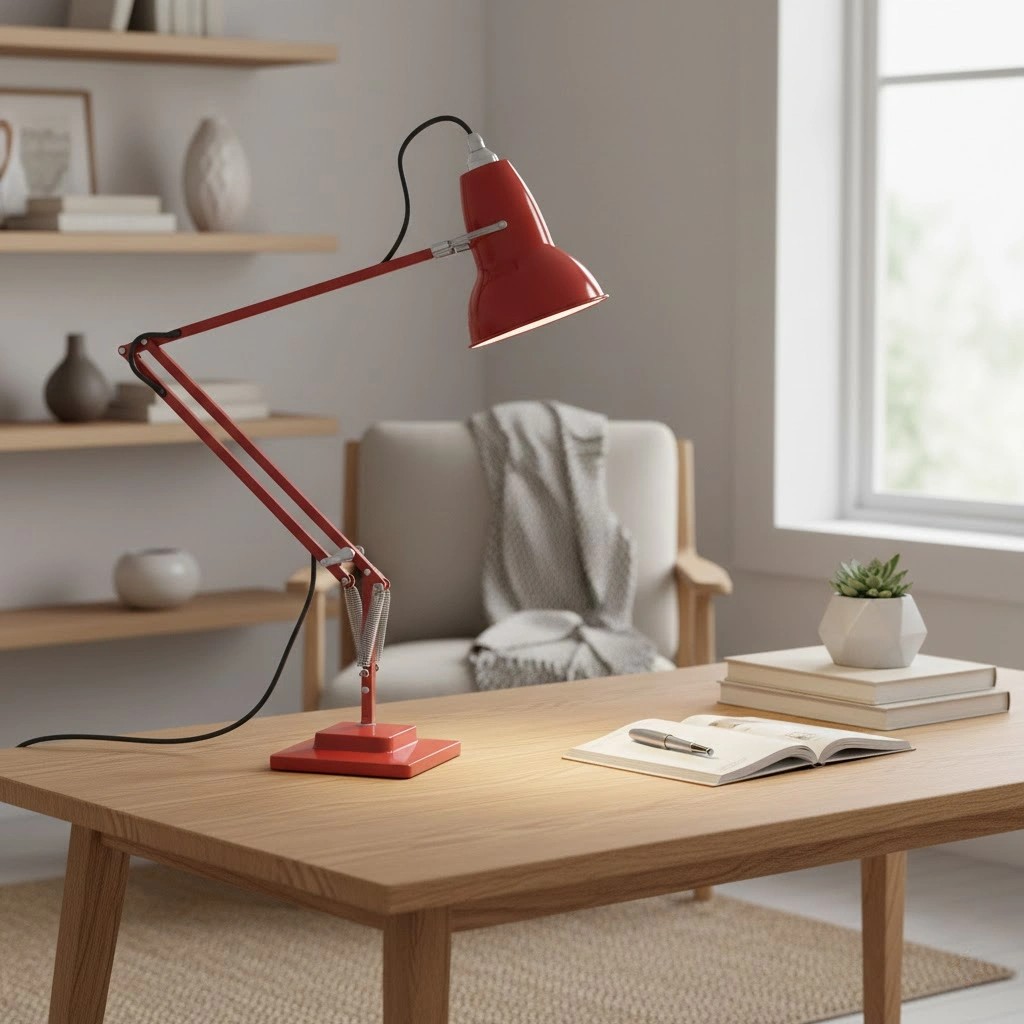 Gele Modryx bureaulamp op een houten meubel