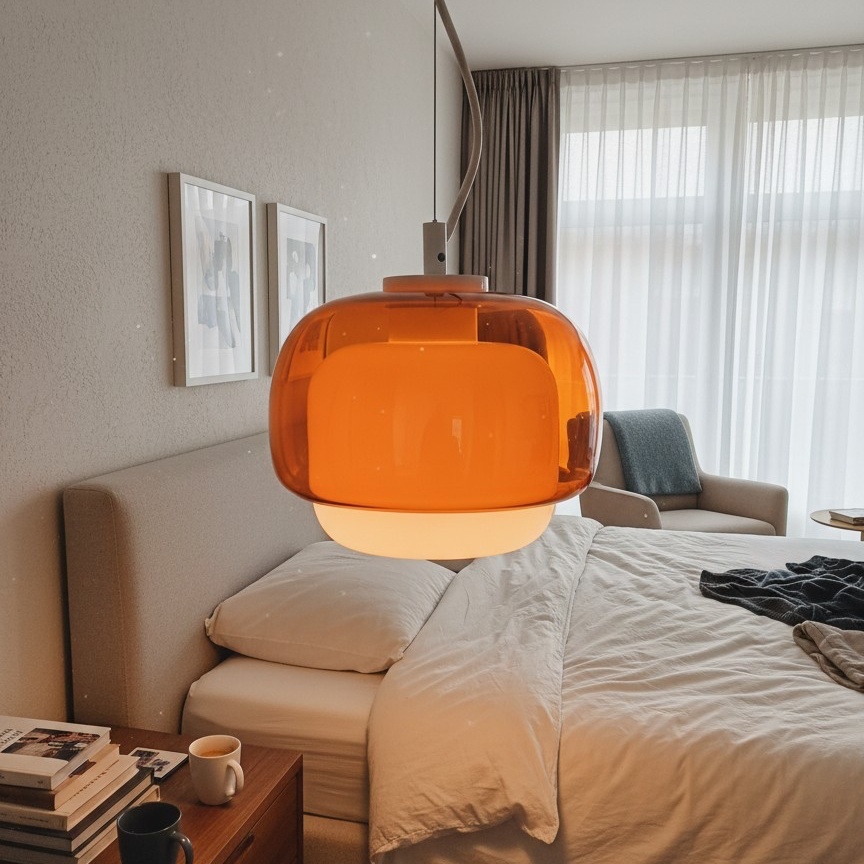 Klantfoto met oranje Clinco hanglamp in slaapkamer