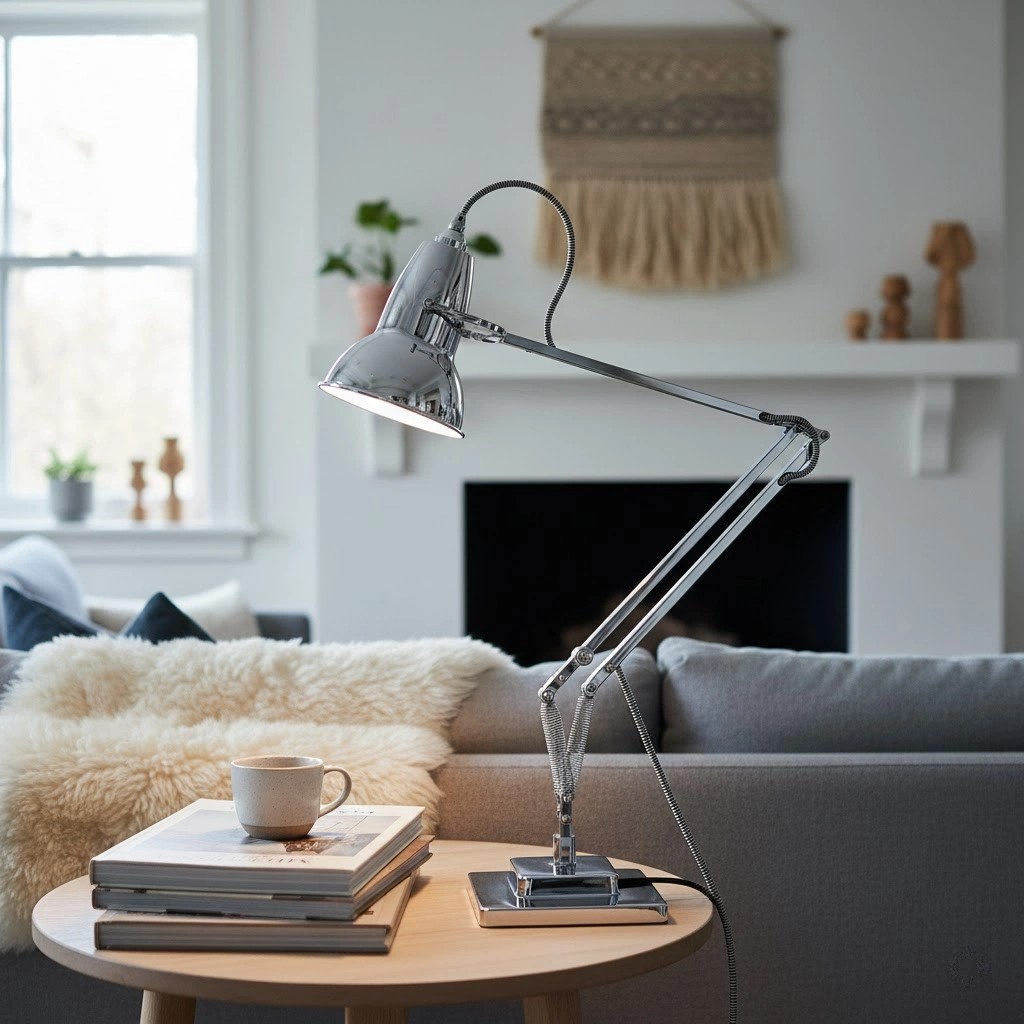 Witte Modryx bureaulamp op een salontafel
