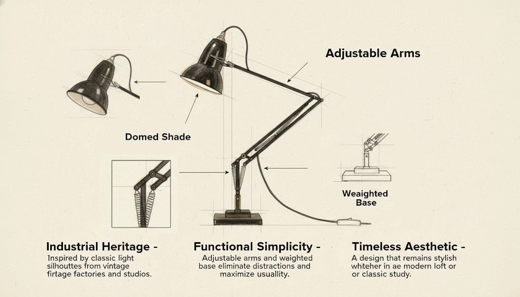 Ontwerpdiagram van de Modryx verstelbare bureaulamp