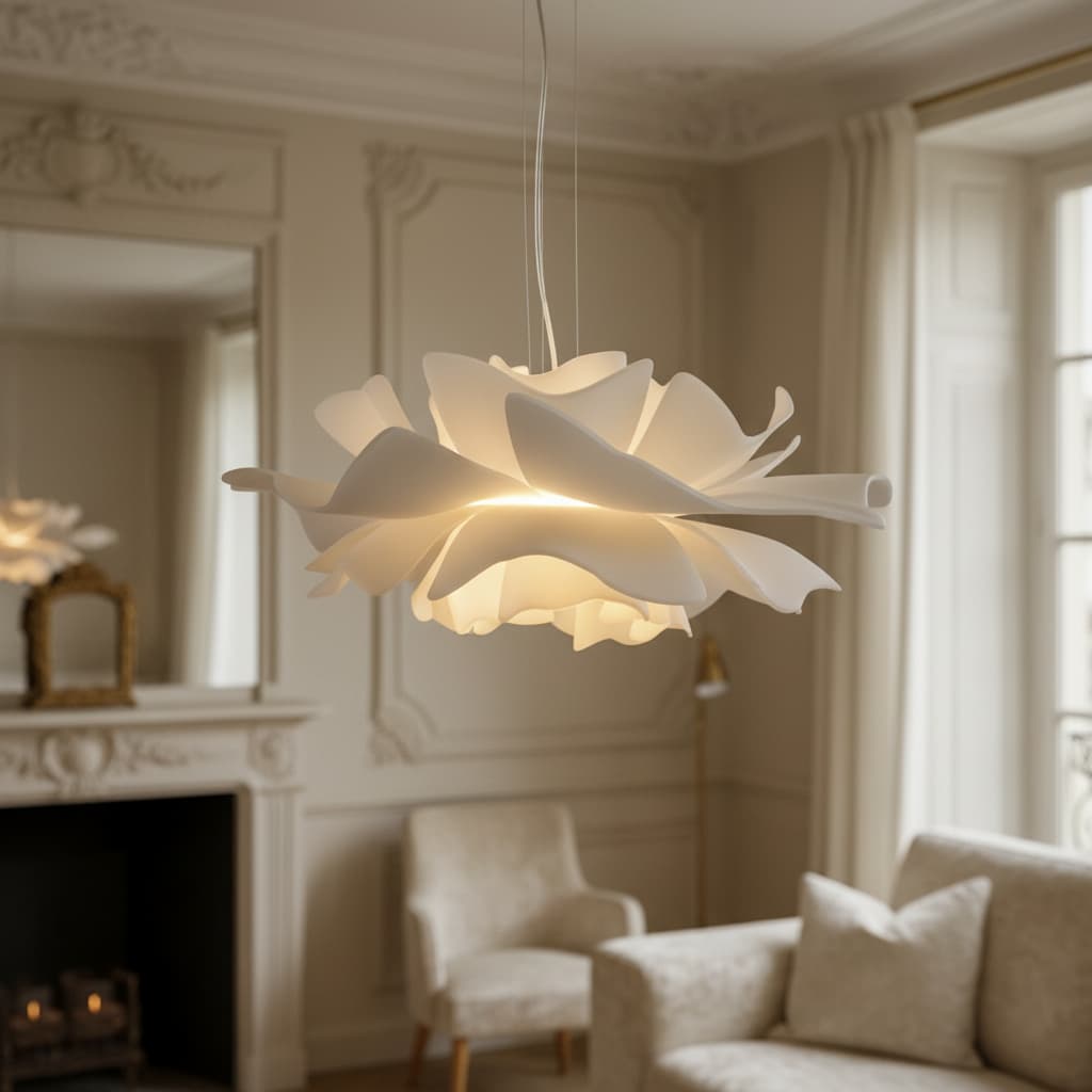 Witte Blossenari hanglamp in een lichte woonkamer