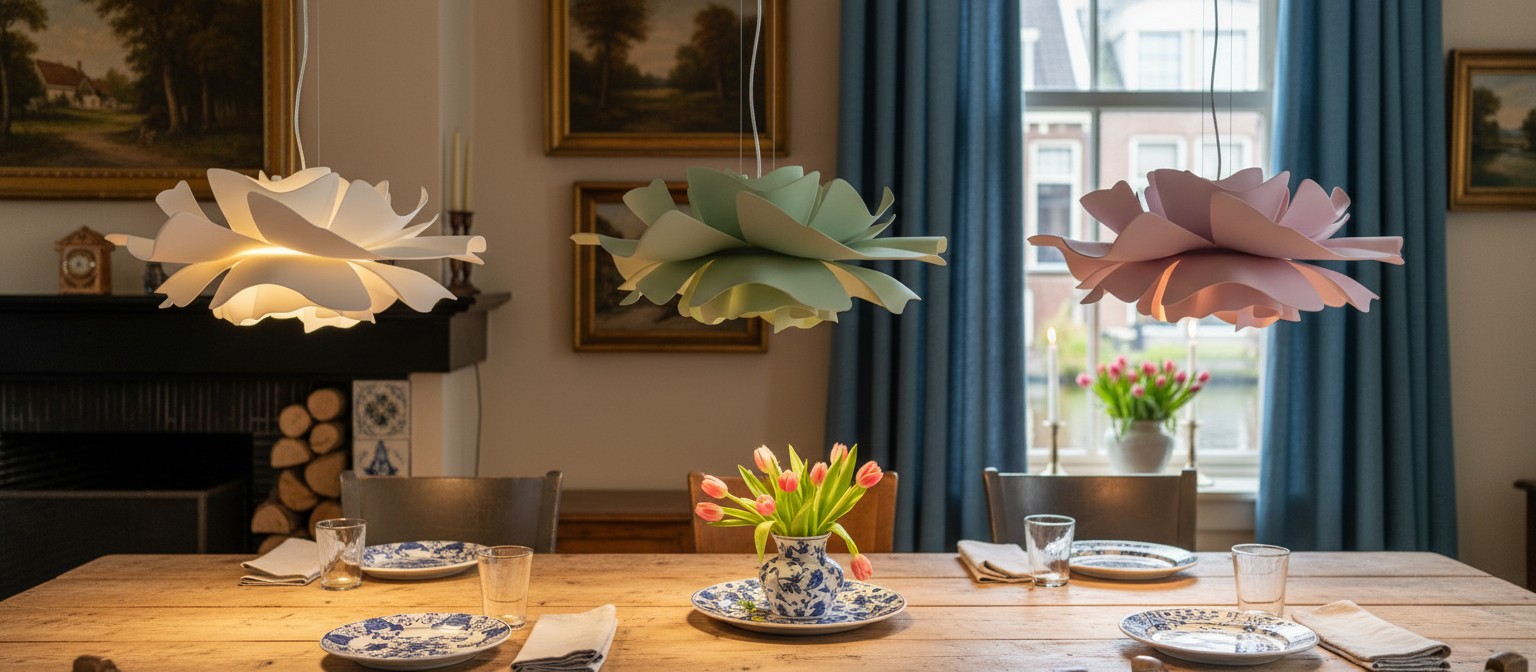 Blossenari hanglampen boven een houten eettafel