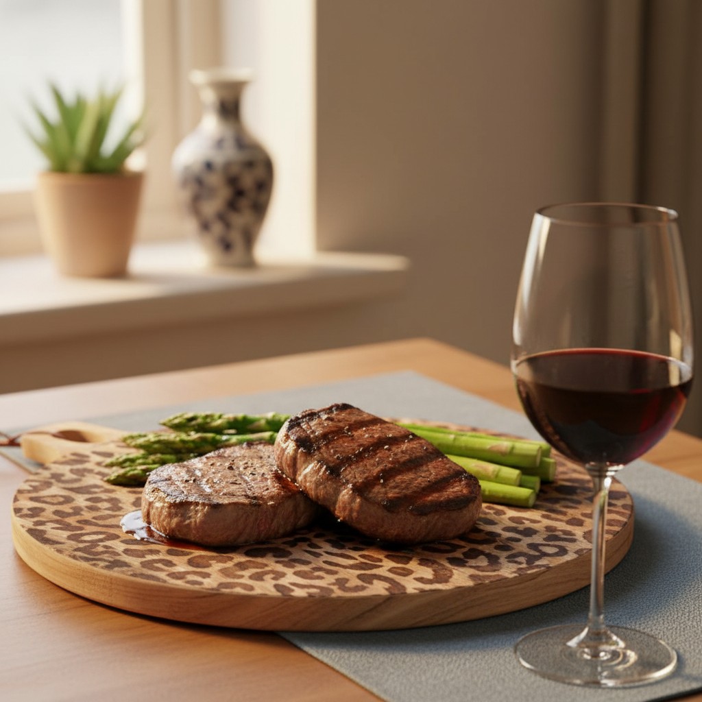 Ronde plank met eten en wijnglas