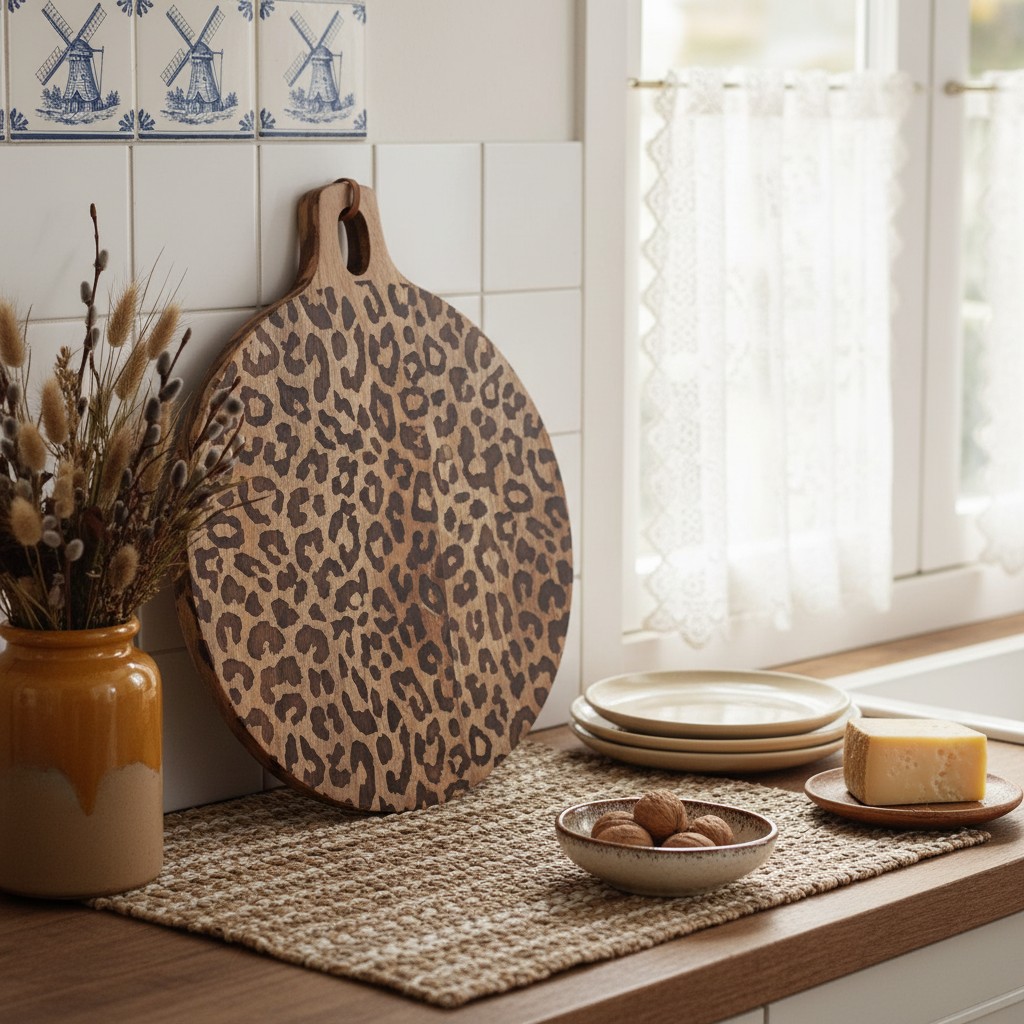 Ronde luipaardprint plank op aanrecht