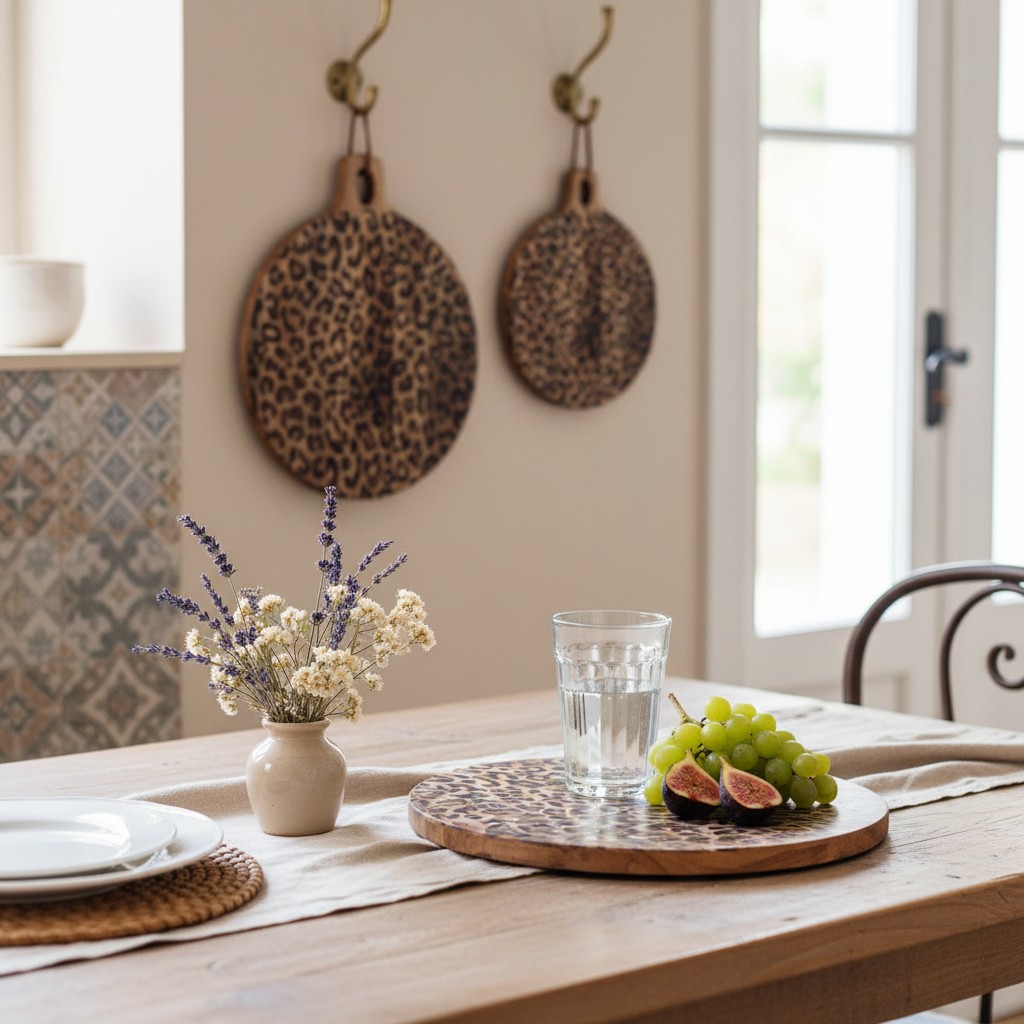 Luipaardprint plank met eten en glazen