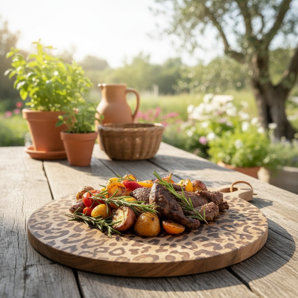 Luipaardprint serveerplank met eten op tafel