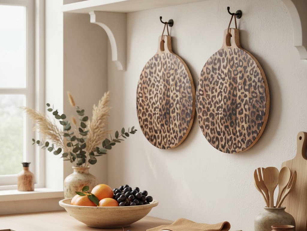 Luipaardprint serveerplanken opgehangen in keuken