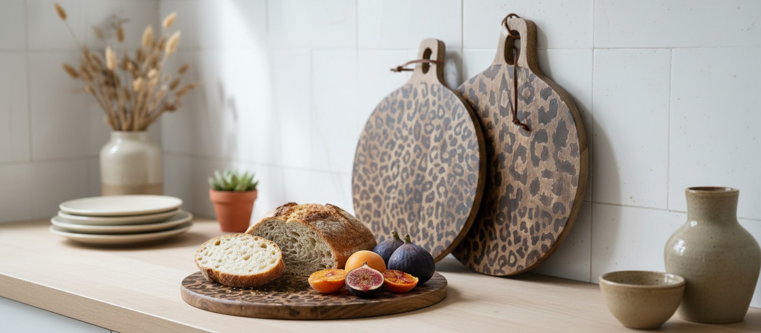 Serveerplank van Sapele-hout met luipaardprint in een keuken