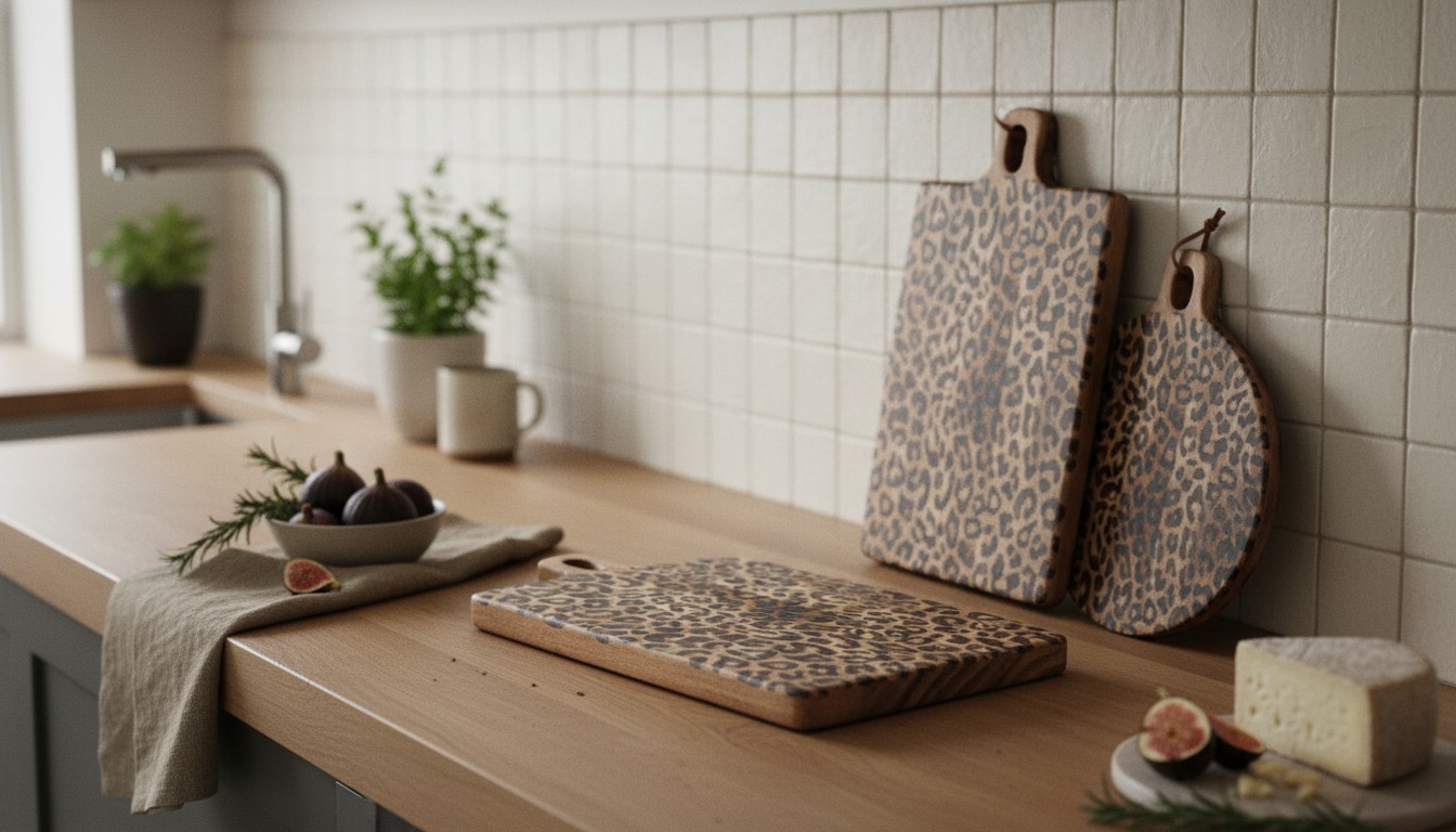 Luipaardprint serveerplanken in een rustige keukenopstelling