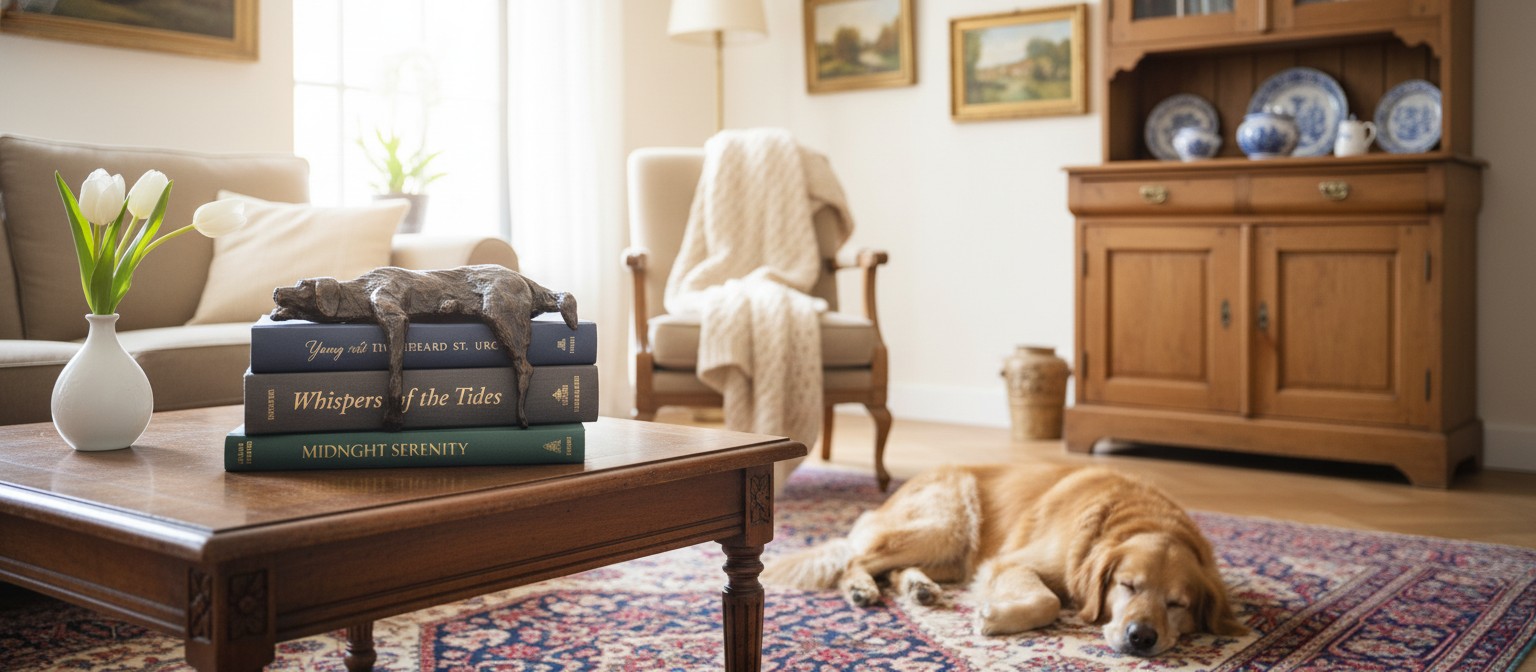 Hondensculptuur op tafel met slapende hond en tekst Rustig gezelschap