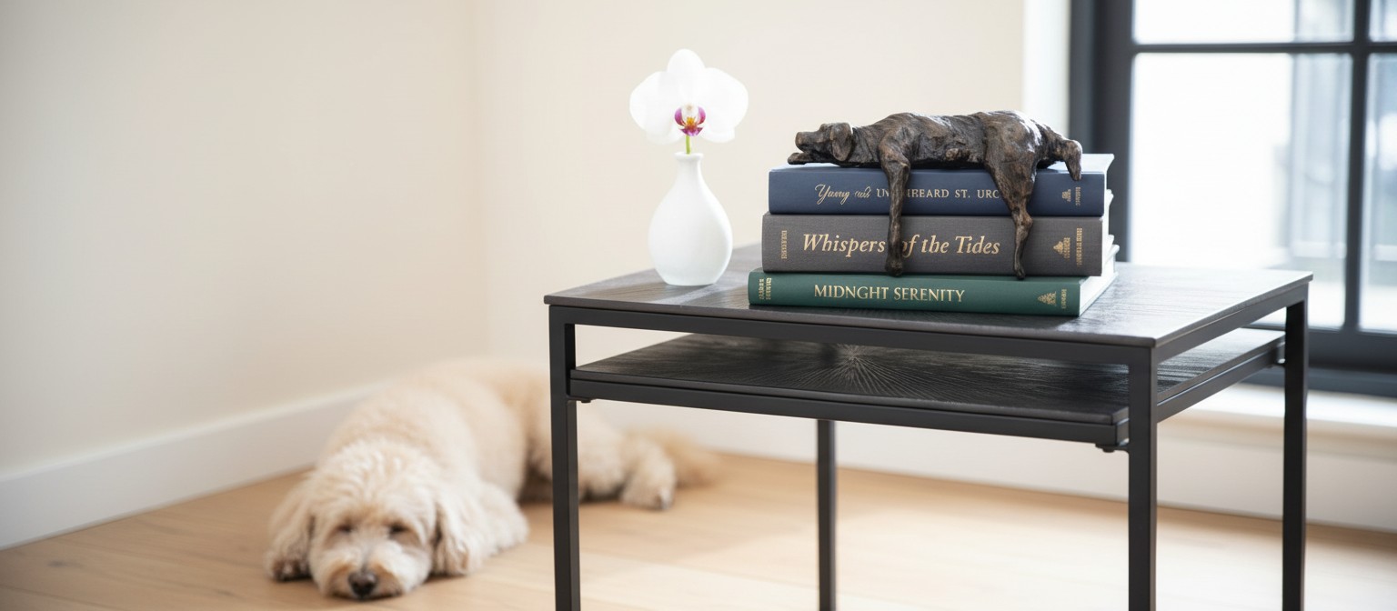 Hondensculptuur op salontafel met tekst Gentle Presence