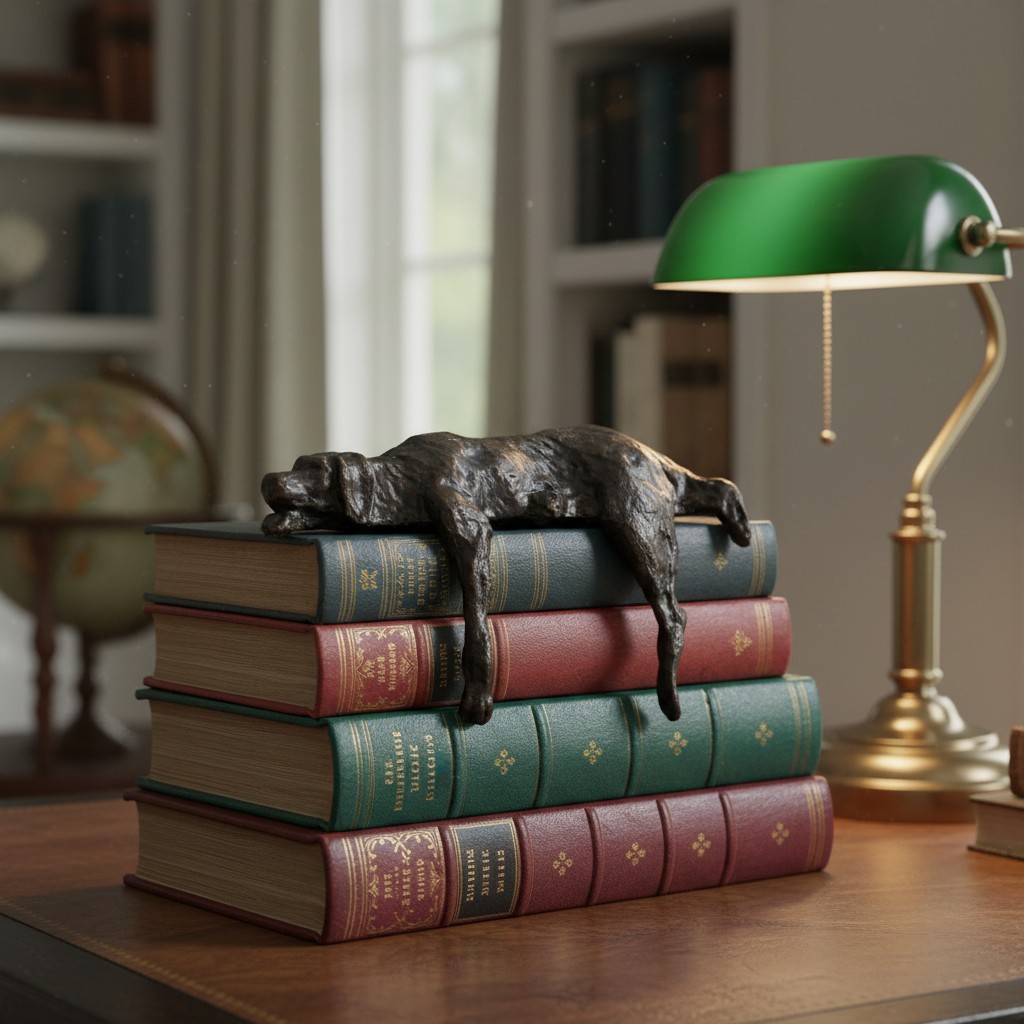 Hondensculptuur op gestapelde boeken naast een groene lamp