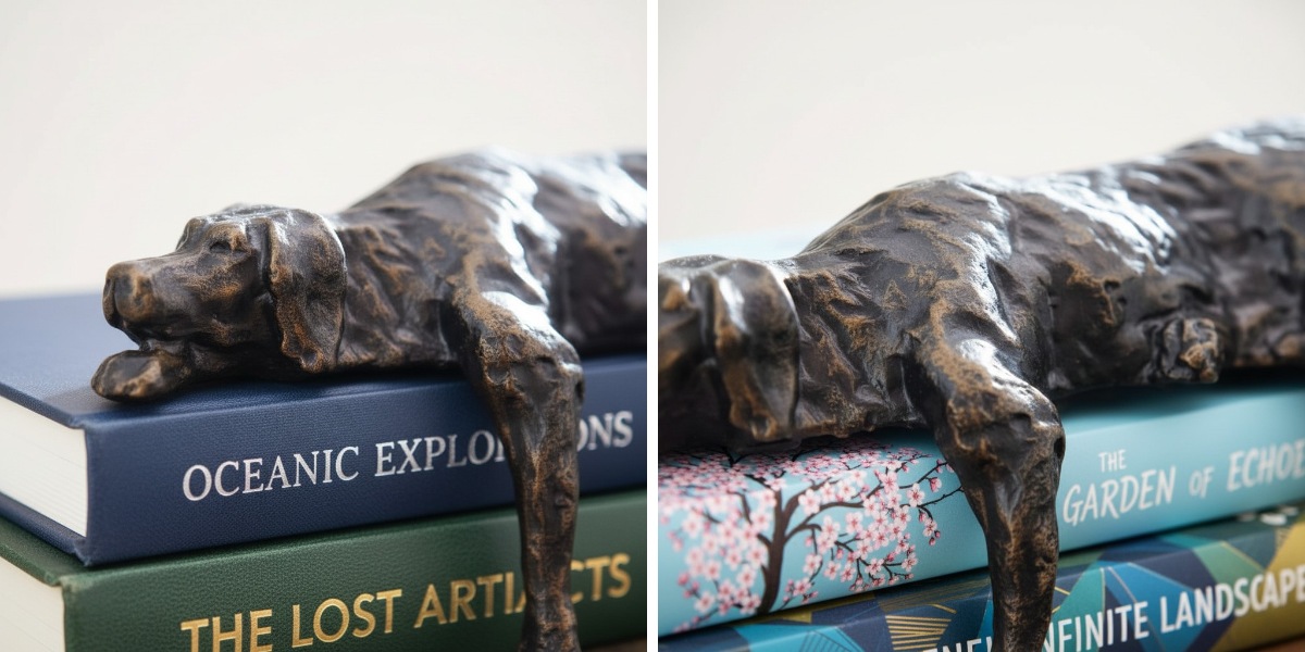 Close-up van de bronzen afwerking en textuur van de hondensculptuur