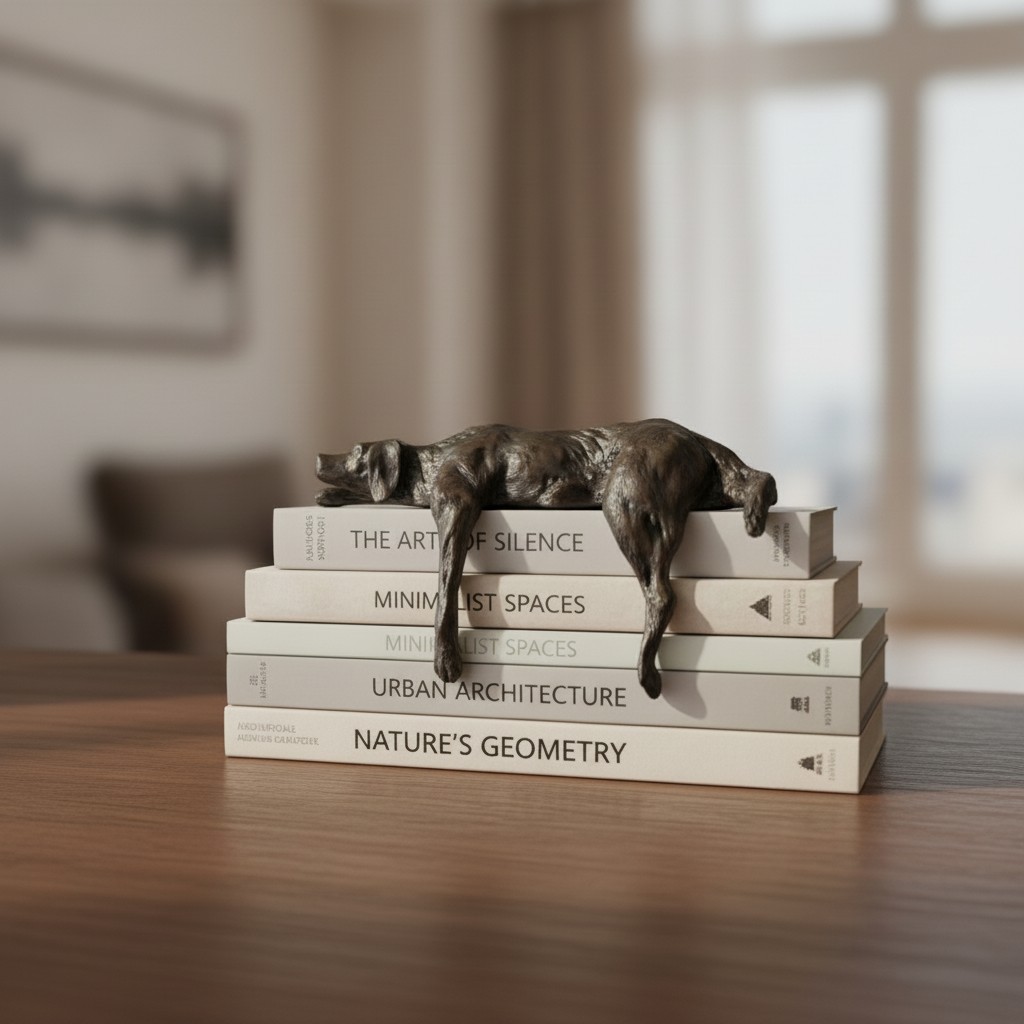 Hondensculptuur op een boekenstapel met huiselijke styling
