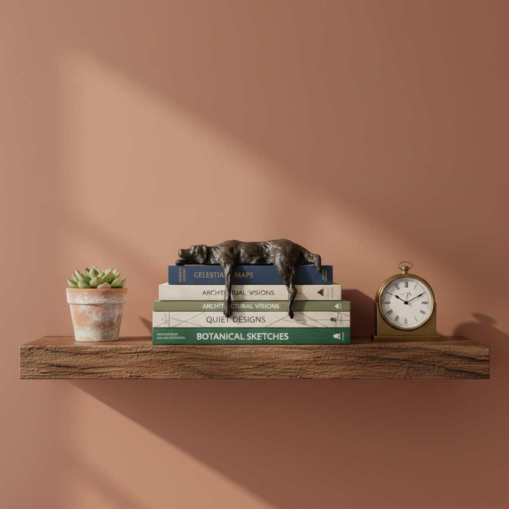 Kleine hondensculptuur op een wandplank met klok