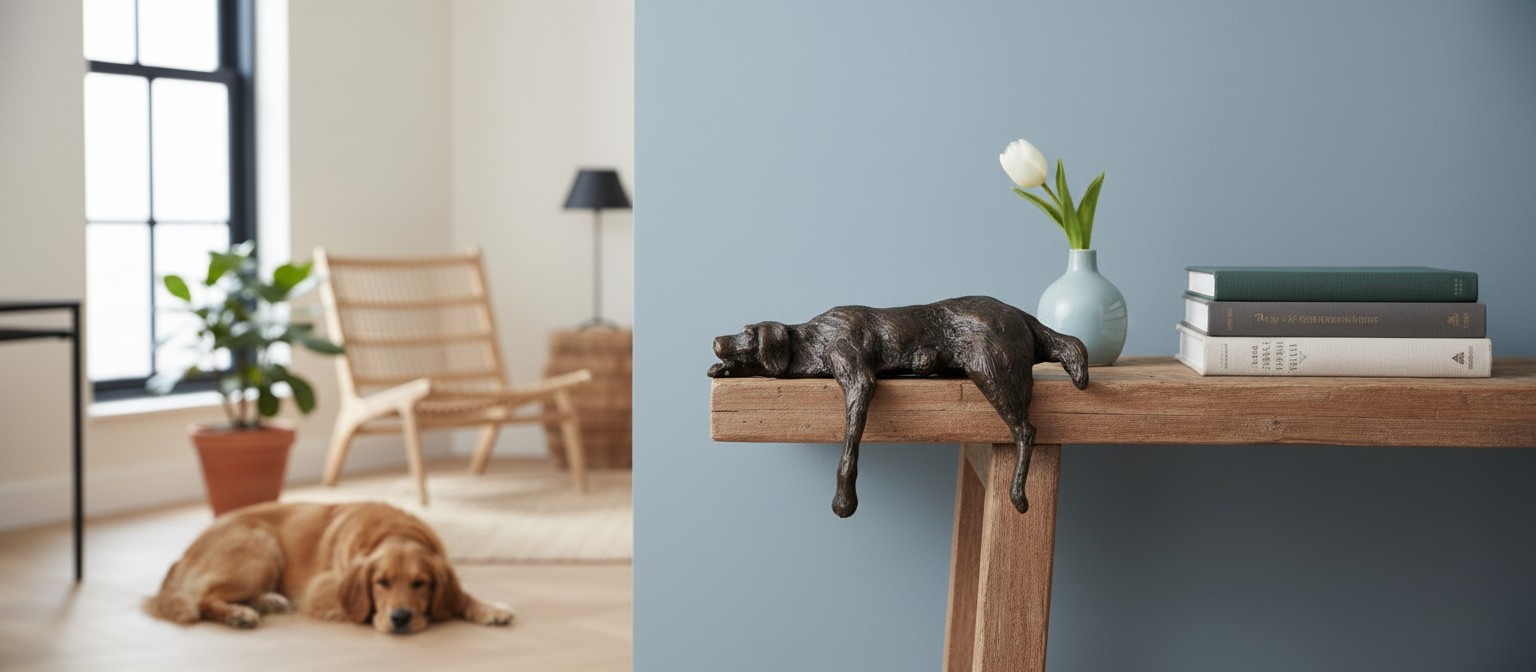 Floxo hondensculptuur op een houten tafel naast boeken en een vaas
