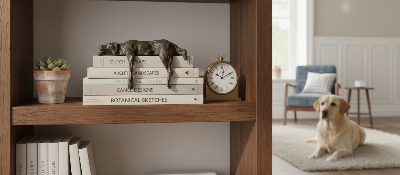 Hondensculptuur op tafel met tekst Troost zonder woorden