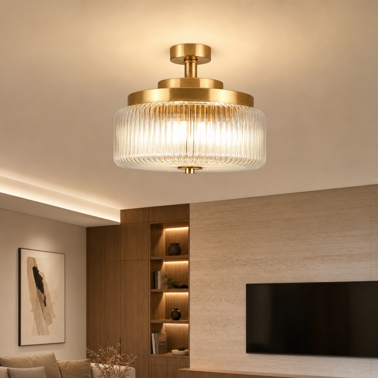 Antique Brass Ribbed Glass Ceiling Light
