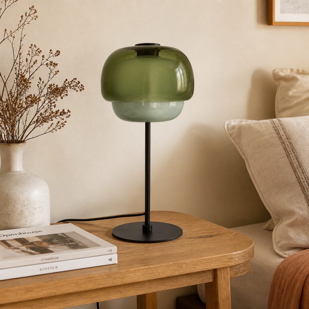 Groene Clinco tafellamp op een ronde tafel