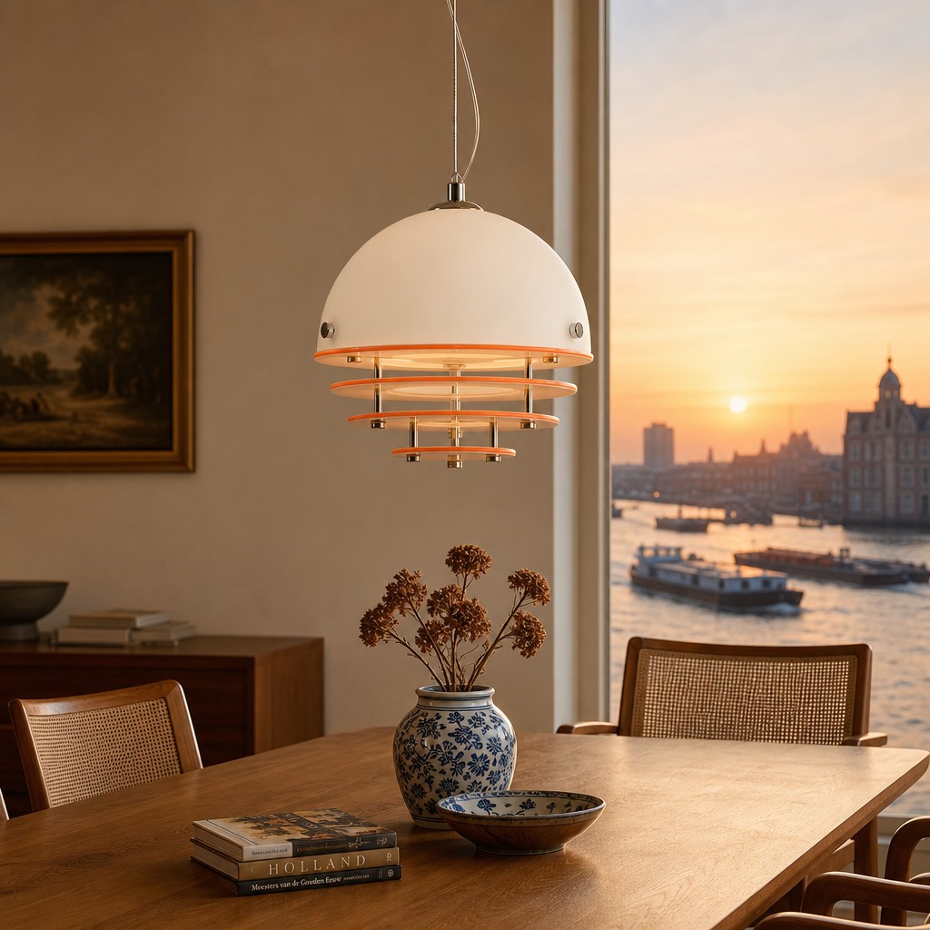 Oranje-witte hanglamp bij zonsondergang