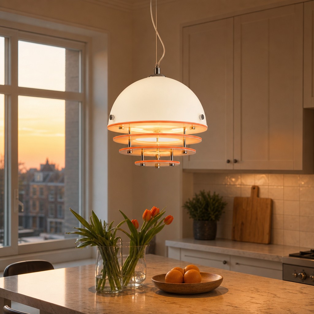 Oranje-witte hanglamp boven een keukeneiland