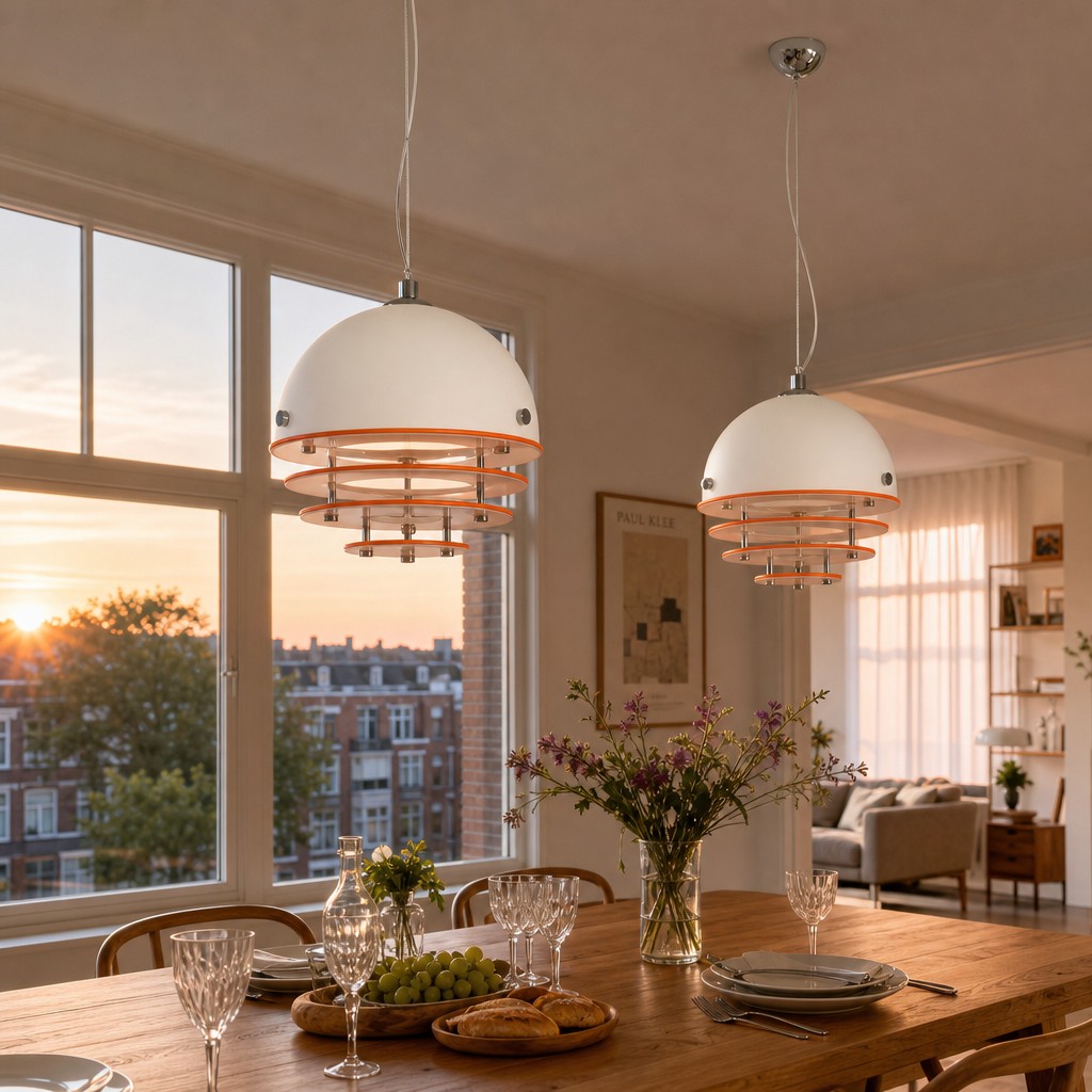 Bauhaus hanglampen boven een gedekte eettafel