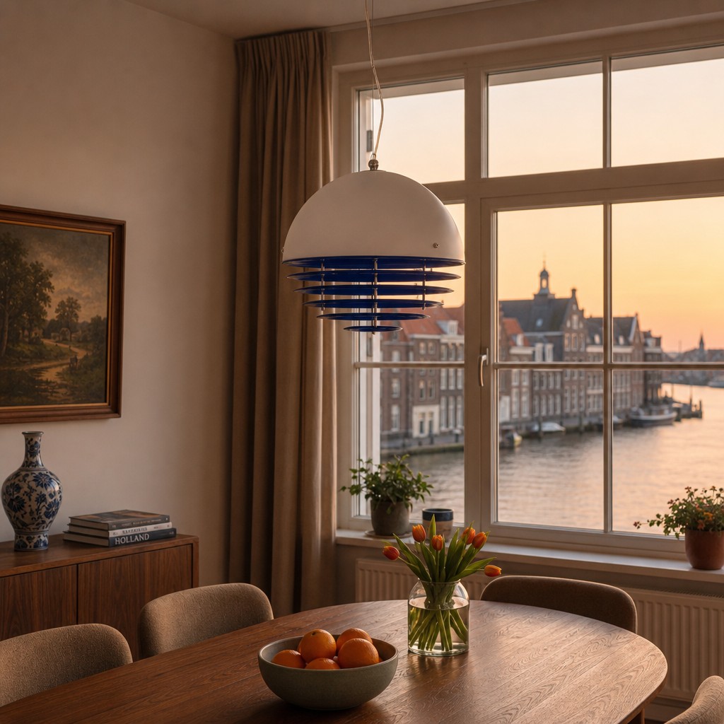 Kleinblauwe hanglamp in een woonruimte