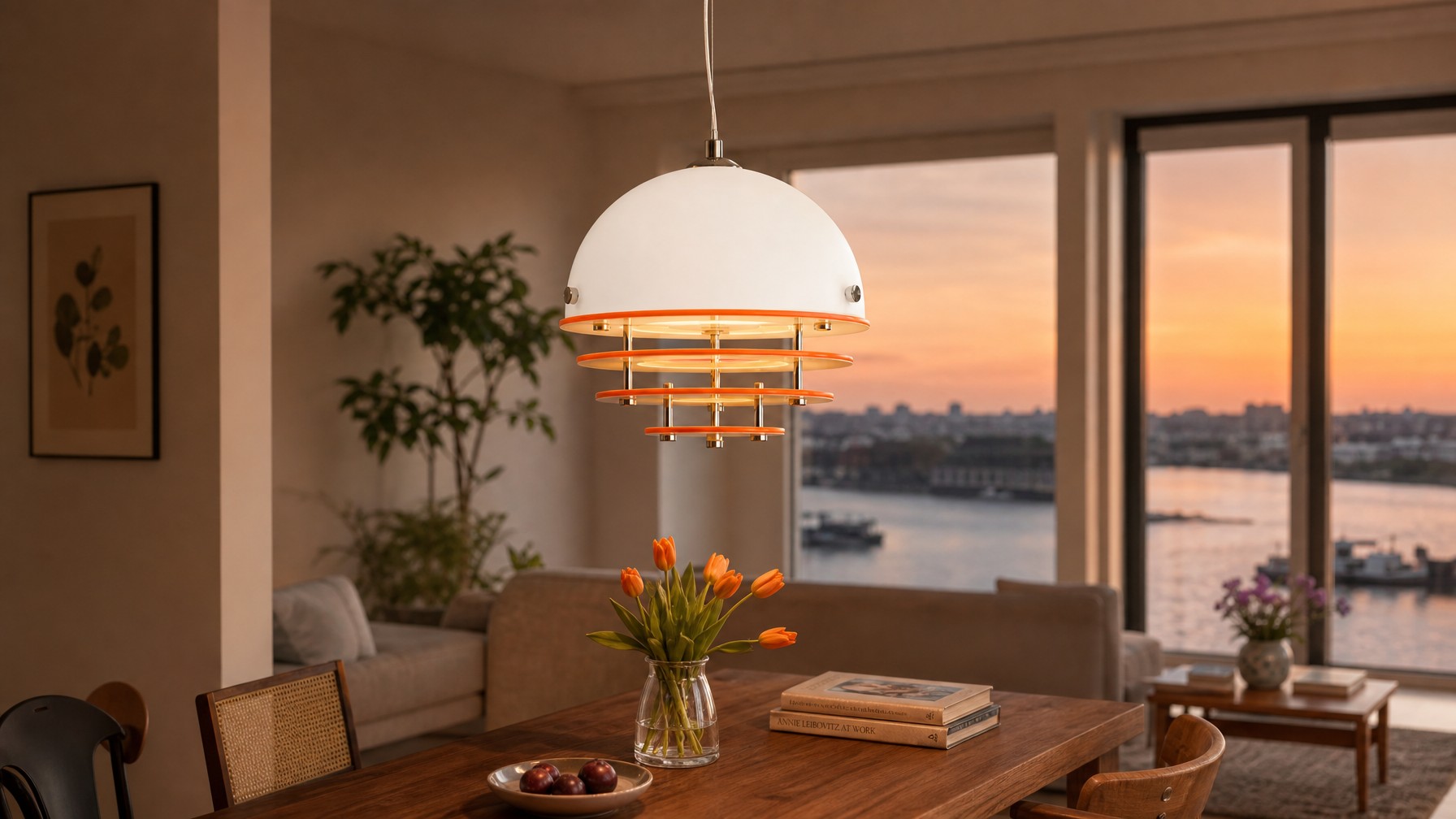 Bauhaus gelaagde zonsondergang hanglamp boven een eettafel