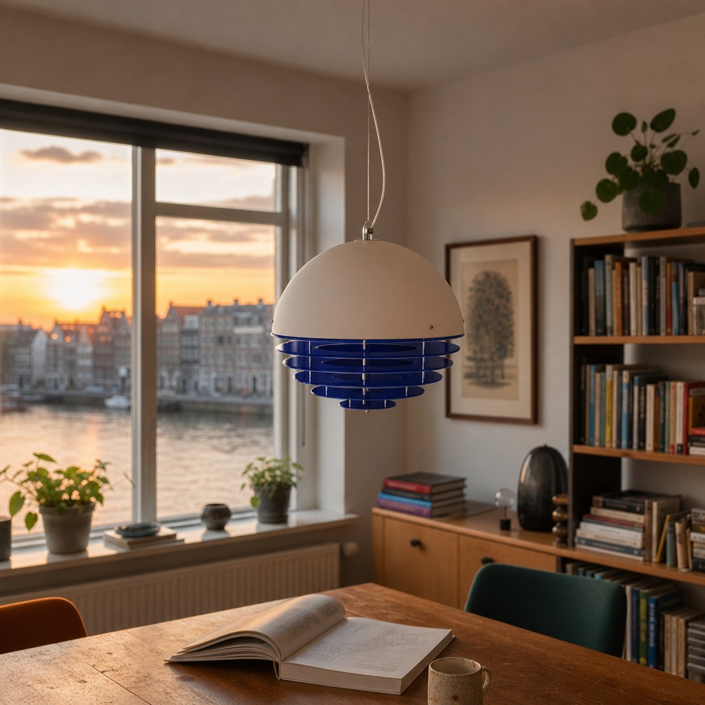 Kleinblauwe hanglamp bij een raam en boekenkast