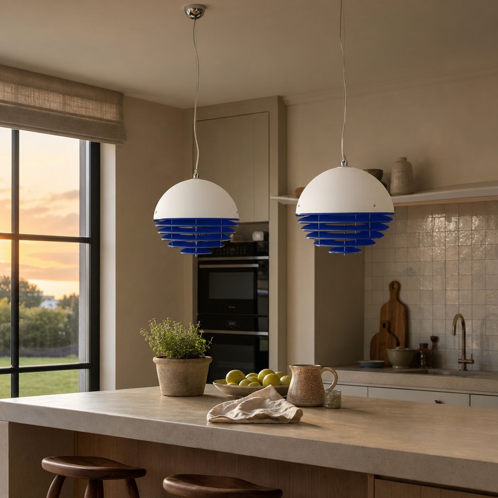 Twee Kleinblauwe hanglampen in een keuken