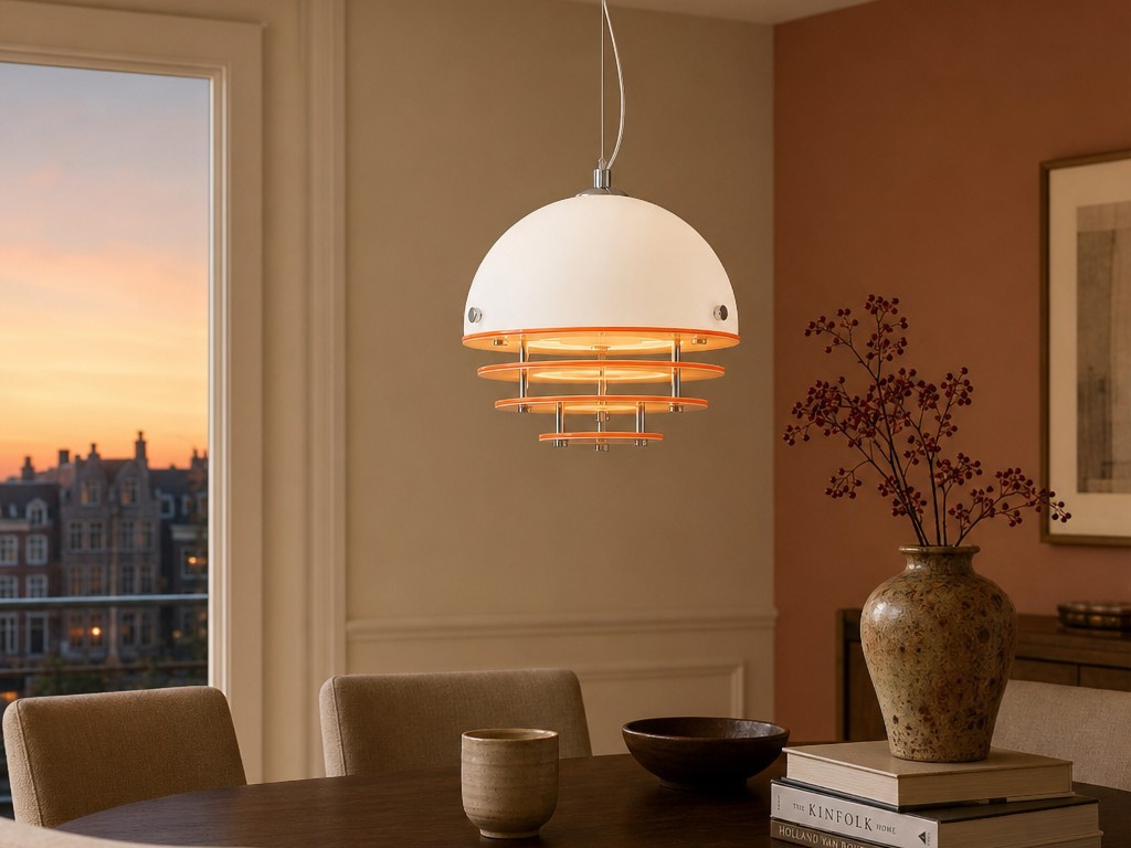 Oranje-witte Bauhaus hanglamp in warm interieur