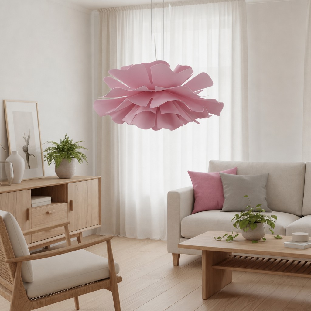 Roze Blossenari hanglamp in een woonkamer