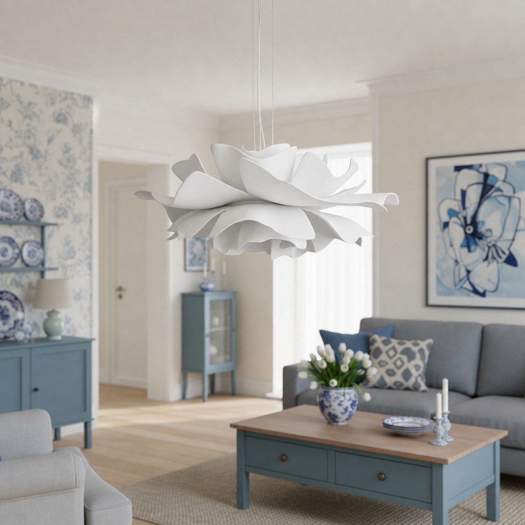 Witte Blossenari hanglamp in een blauwe woonkamer