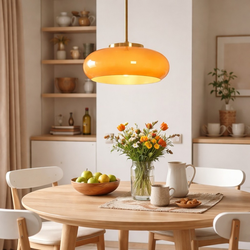Oranje Bauhaus hanglamp boven een ronde eettafel