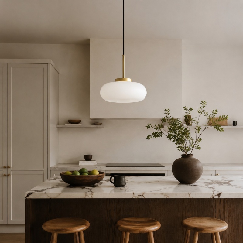 Witte hanglamp boven een keukenbar