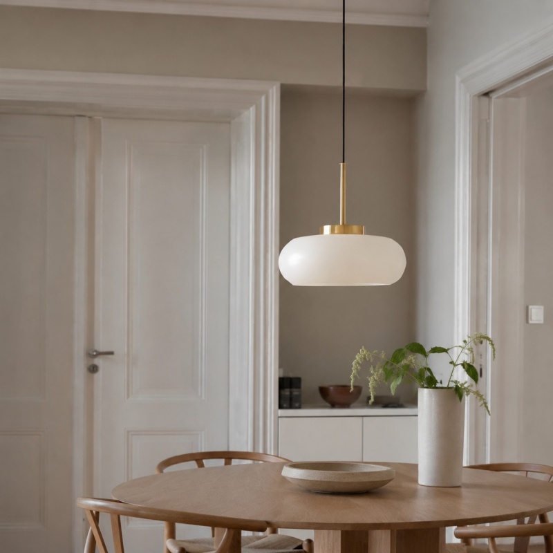 Witte Bauhaus hanglamp in eetruimte