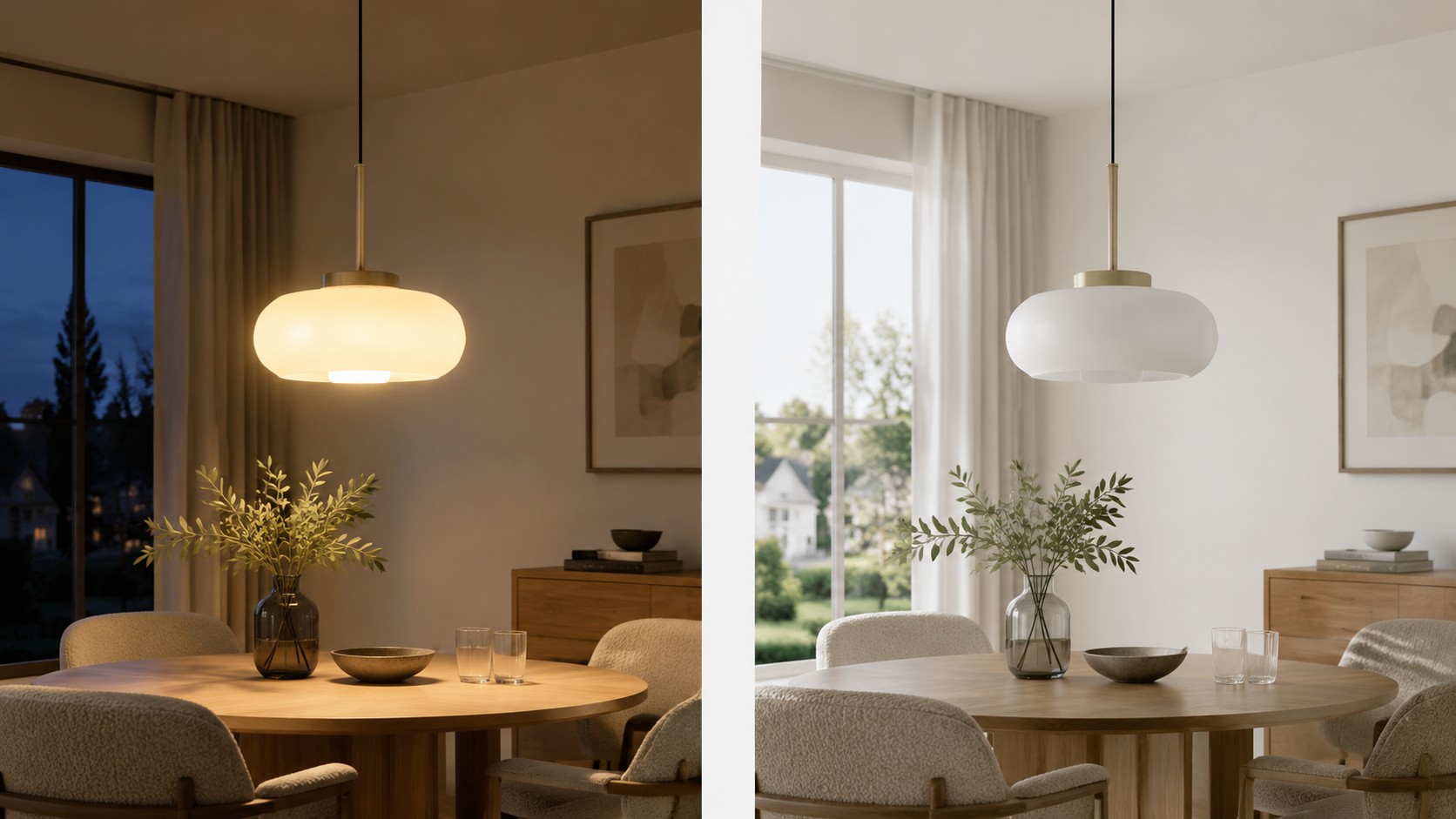 Vergelijking van de hanglamp met warm licht en zonder licht