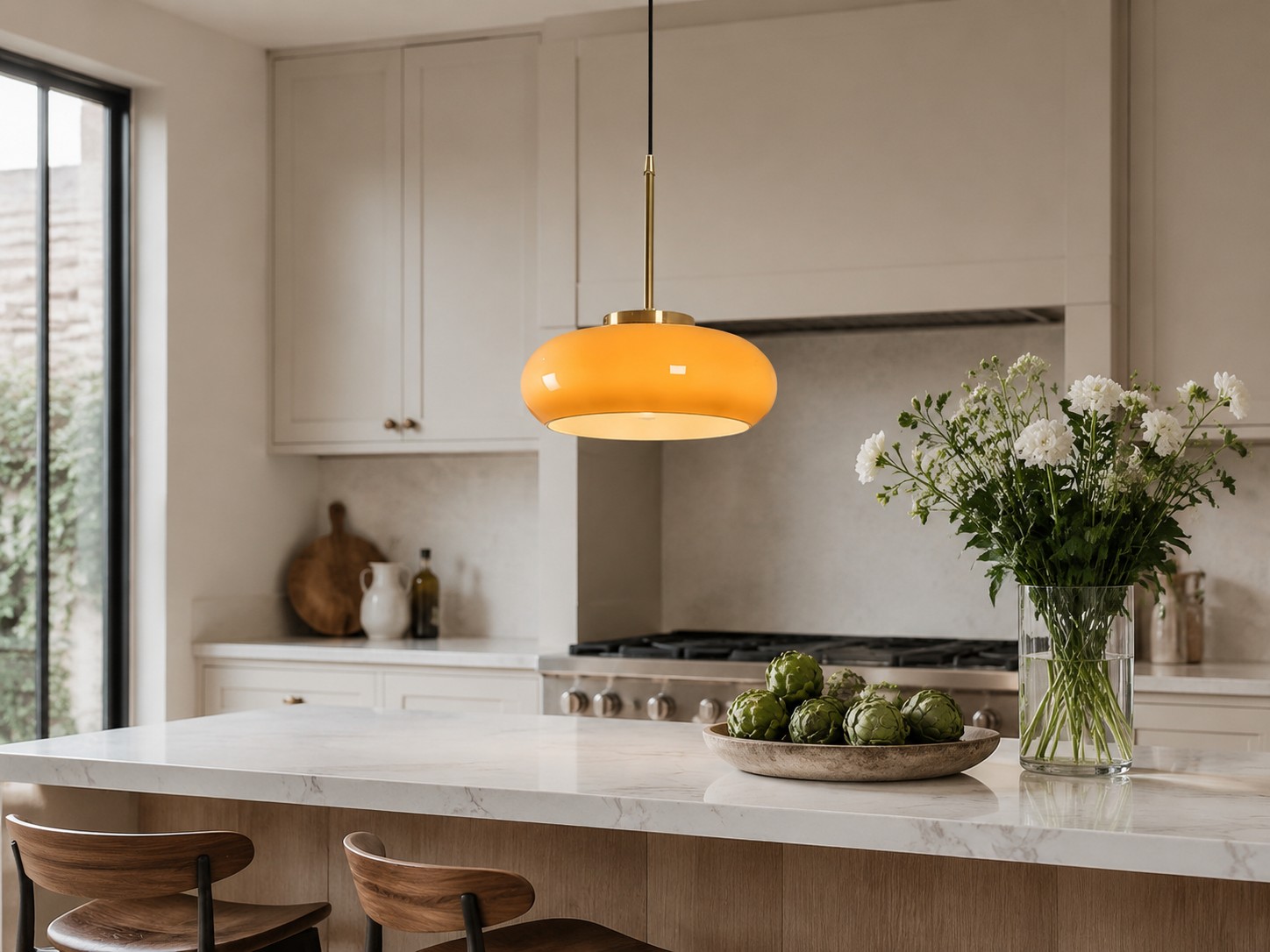 Oranje Bauhaus hanglamp boven een modern keukenblad